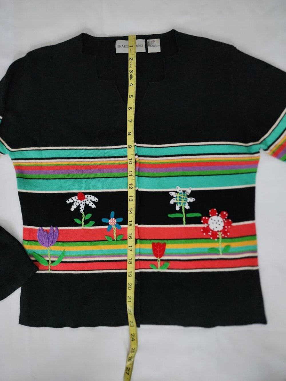Sharon Young Vintage Striped Embroidered Floral Button Front Cardigan‎ Women's L - Picture 10 of 11
